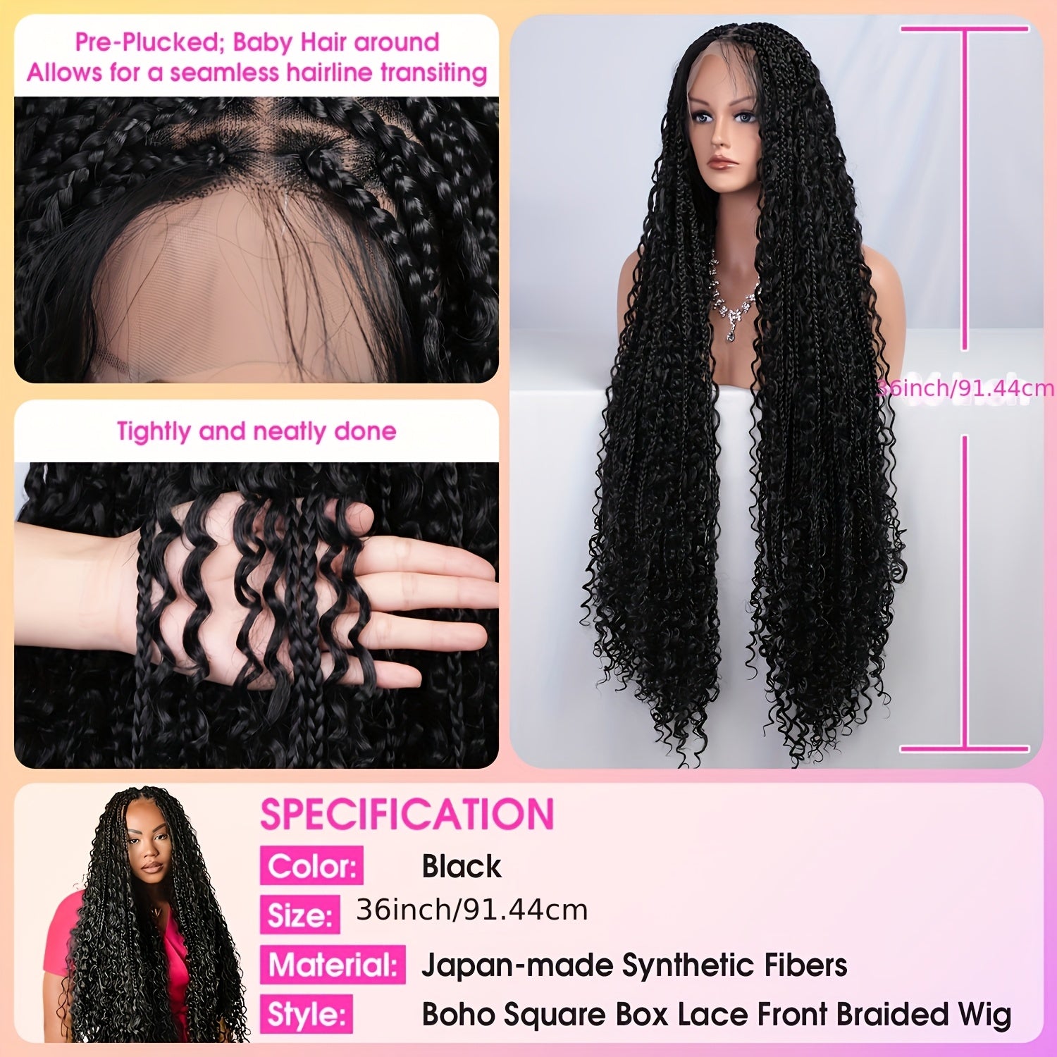 36 Inch Knotless Full Lace Bohemian Style Square Braid Wig - Curly Wave Synthetic Hair - Perfect for Black Women, Christmas, Date Nights & Birthday Parties - High-Quality Bohemian Goddess Braid Wig, Best for Christmas